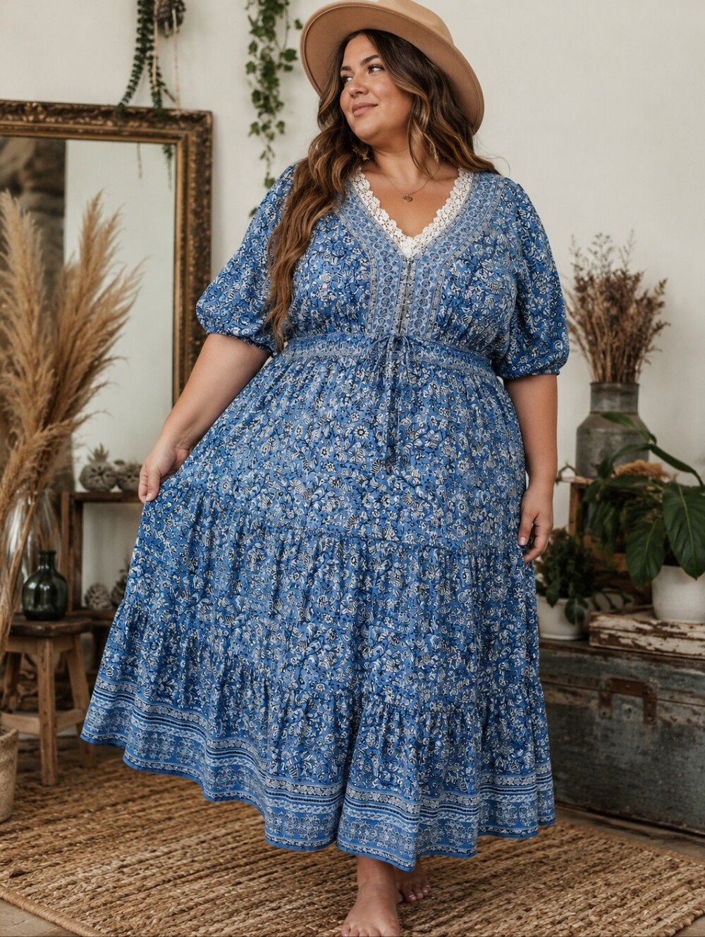 Léa Floral Cottagecore Boho Dress Size 3X Blue Lace Trim Puff Sleeve